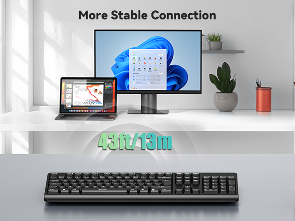 Text reads 'More Stable Connection'. Desktop setup showing a wireless keyboard with laptop and minimal desk accessories against white background.