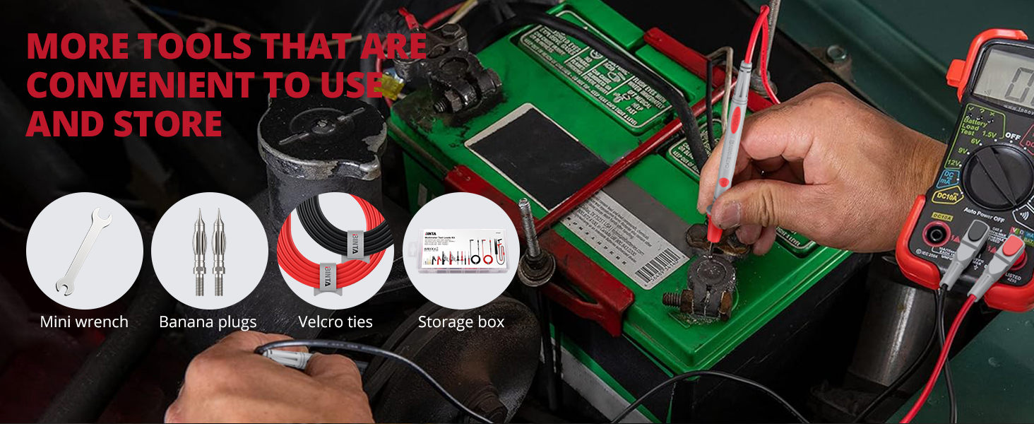 Assortment of electrical tools including multimeter, wire strippers, banana plugs, and storage box. Hands shown using green testing device with red probes.
