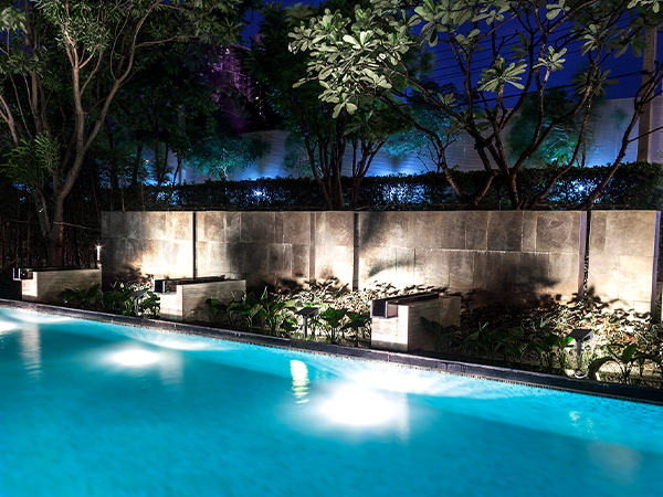 The pool and poolside views are even more beautiful in the light at night.