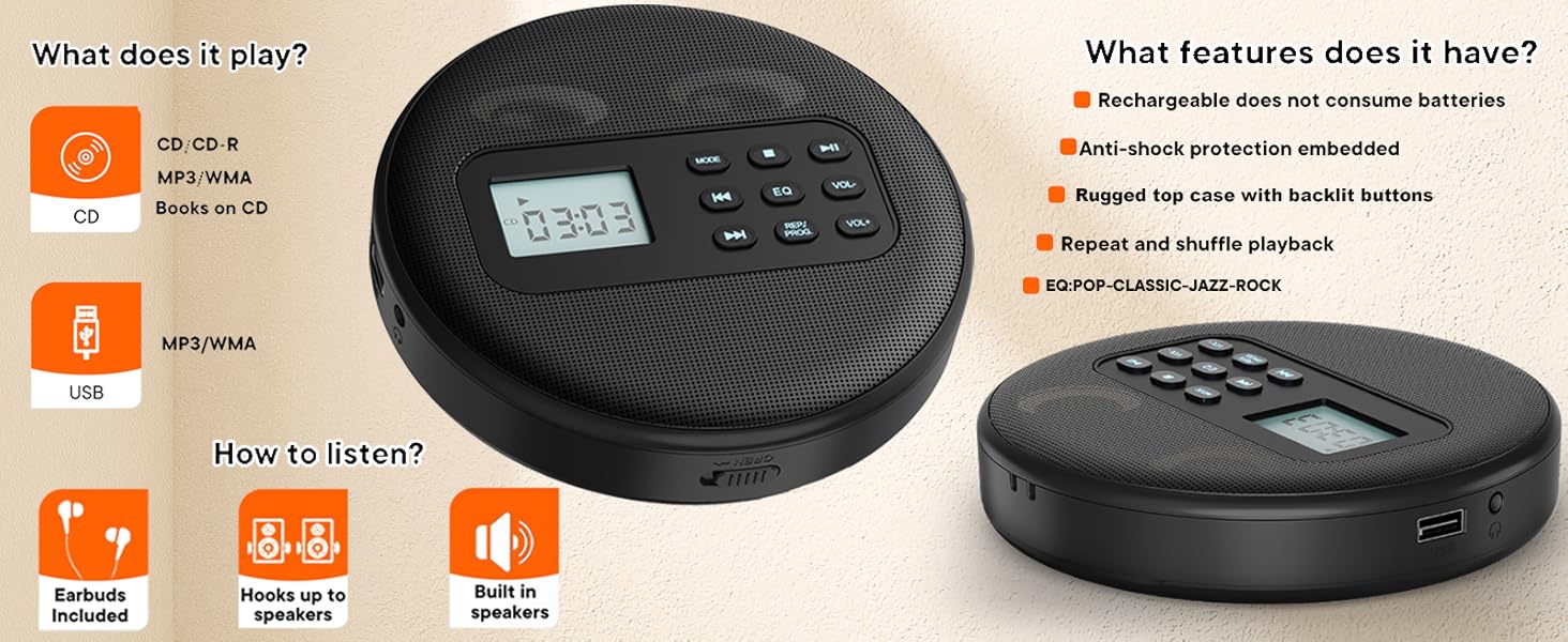 Rechargeable CD Walkman with Built-in Speakers