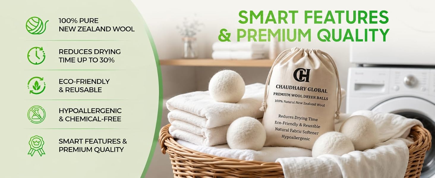 New Zealand wool dryer balls showing smart features like chemical-free, and reduced drying time