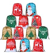 KUUQA 12Pcs Christmas Drawstring Bags Santa Sack Christmas Goody Treats Bags Wrapping Bags Bulk f...