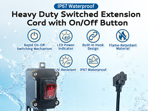 Heavy duty switched extension cord with on/off button