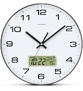 TIMESS Wall Clock, 12" Dial Non-Ticking Silent Battery Operated Analog with LCD Display for Perpe...