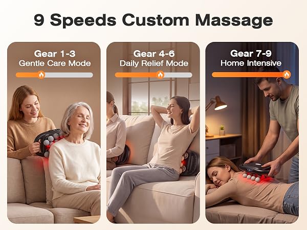 Three scenes show 9 speed settings on a multi-head back massager from gentle to intensive.