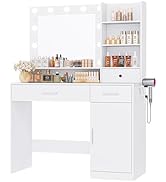 DUMOS Vanity Desk Makeup with Mirror LED Lights, White Table with Power Outlet 2 Drawer, 4 Storag...