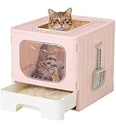 OLIXIS Cat Litter Box with Lid, Large Foldable Cat Box with Litter Scoop, Front Entry Top Exit Ki...