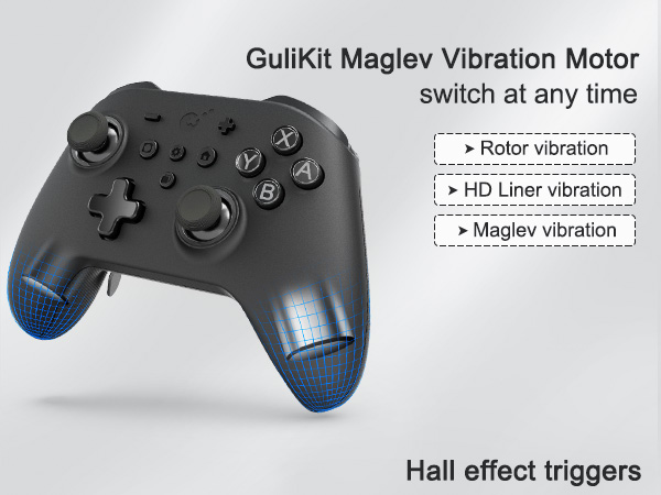 Text reads 'GuliKit Maglev Vibration Motor switch at any time', 'Rotor vibration', 'HD L/ver vibration', 'Maglev vibration', 'Hall effect triggers'. Gaming controller with technical specifications.