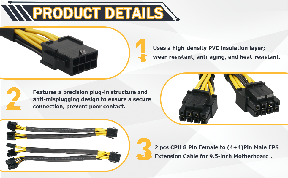2 pcs CPU 8 Pin Female to (4+4) Pin Male EPS Extension Cable