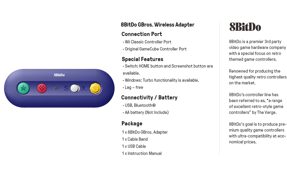 8bitdo gbros adapter gamecube Wireless Adapter for Switch NES, SNES, SFC Classic Edition Wii Classic
