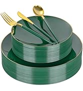 DaYammi 150Pcs Green and Gold Plastic Plates Heavy Duty Gold Rimmed plates Green Plastic Disposab...