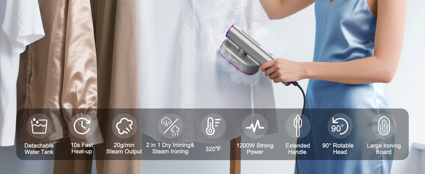 10s fast heat up, 20g/min steam output, 2 in 1 dry &amp;amp; steam ironing, 90 rotable head