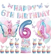 Roetyce 6th Birthday Decorations for Girls, Butterfly 6th Birthday Banner Balloons Hanging Siwrls...
