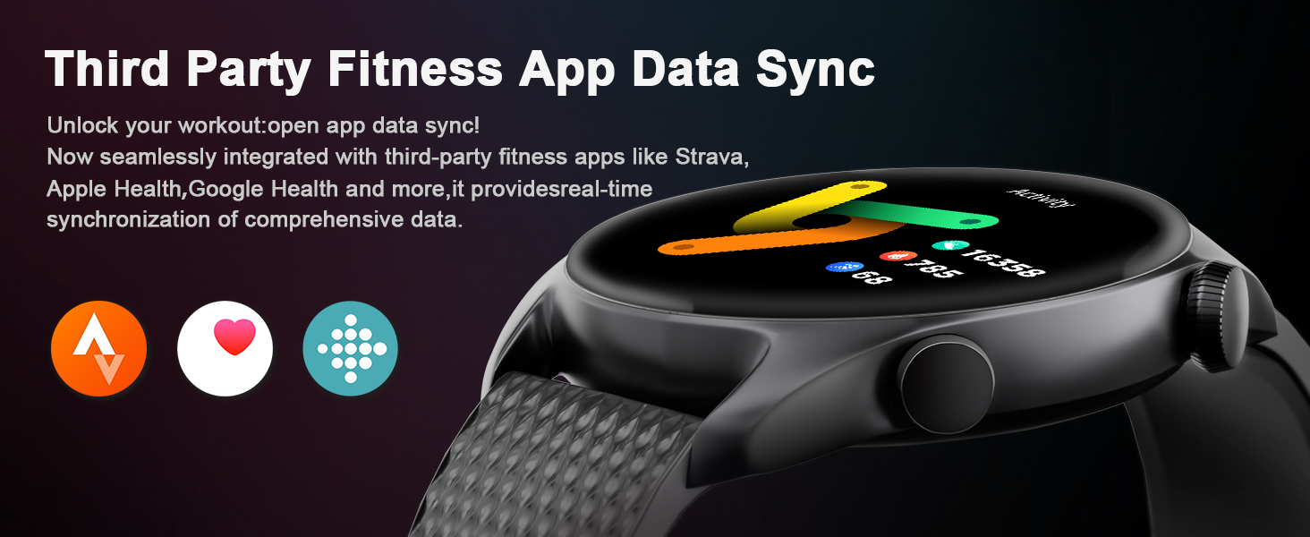 The round smartwatch supports third-party fitness app data synchronization
