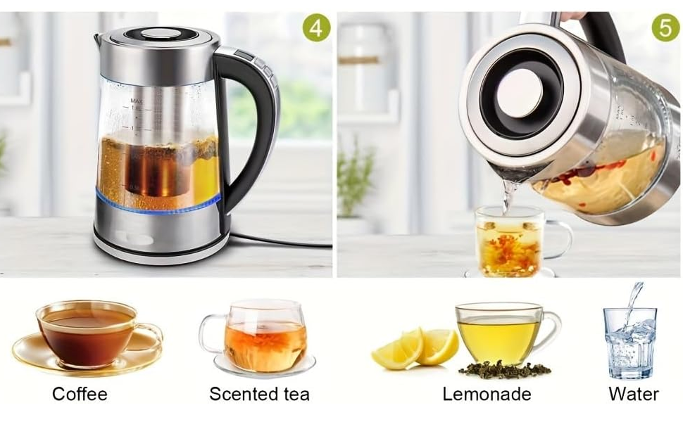 Glass Tea Kettle Hot Water Boiler, BPA Free, Auto Shut Off, Boil-Dry Protection, Stainless Steel