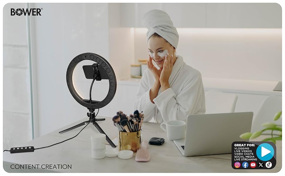 Woman using 10" ring light while doing makeup and getting ready