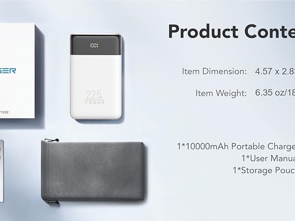 Item Dimension: 11.6*7.2*1.68cm Capacity: 10000mAh Item Weight: 180g 1*Storage Pouch 1*User Manual