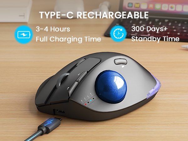 Wireless Trackball Mouse, Ergonomic Bluetooth Rechargeable Computer Mouse-Blue Ball