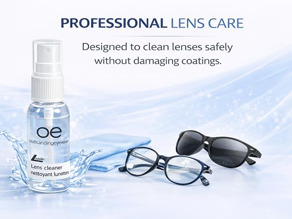 Outstanding Eyewear 2oz lens cleaner with eyeglasses and microfiber cloth for streak-free cleaning