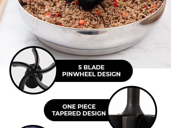 Meat chopper tool with comfortable handle and thumb rest for mashing ground meat smoothly