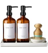 GMISUN Dish Soap Dispenser, 16 Oz Kitchen Soap Dispenser Set with Ceramic Tray &amp; Bamboo Brush, 2 ...