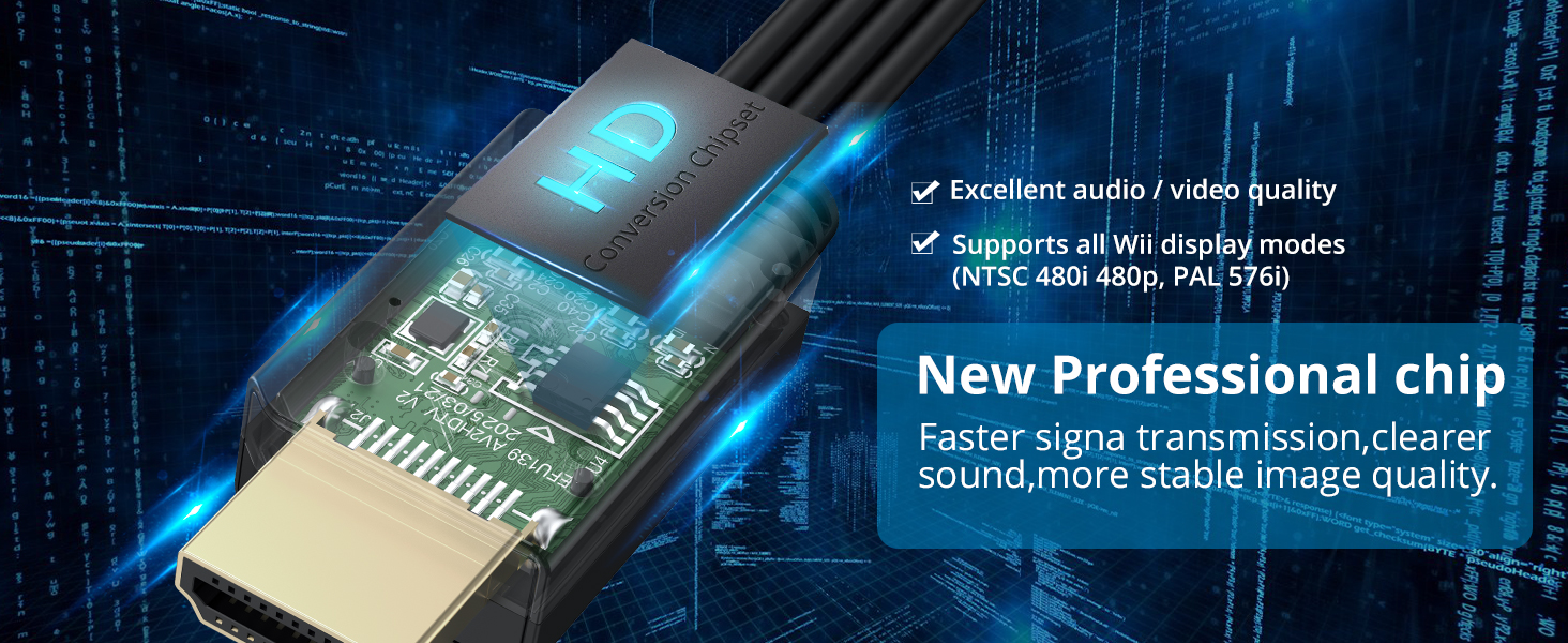 HDMI cable connector with illuminated blue logo. Features new professional chip for faster signal transmission, clearer sound, and stable image quality. Supports multiple display modes.