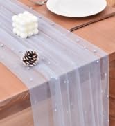 Joanlody Spring Summer Pearl Table Runner 10ft Rustic Boho Tulle Table Runner with Pearls for Bab...