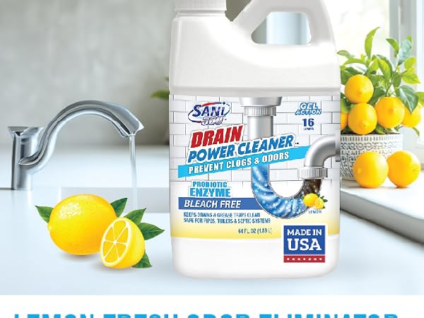 Lemon-scented drain cleaner with fresh lemons and a bright, clean kitchen background.