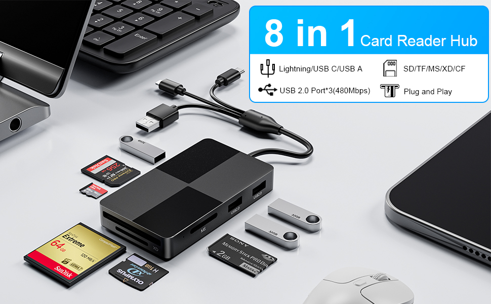 MS/TF/XD/CF/SD Card Reader for iPhone/iPad/Computer