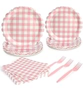 PCLMLES 96pcs Disposable Pink Plaid Tableware Set Lace Paper Plates for 24 Guest Party Table Supp...