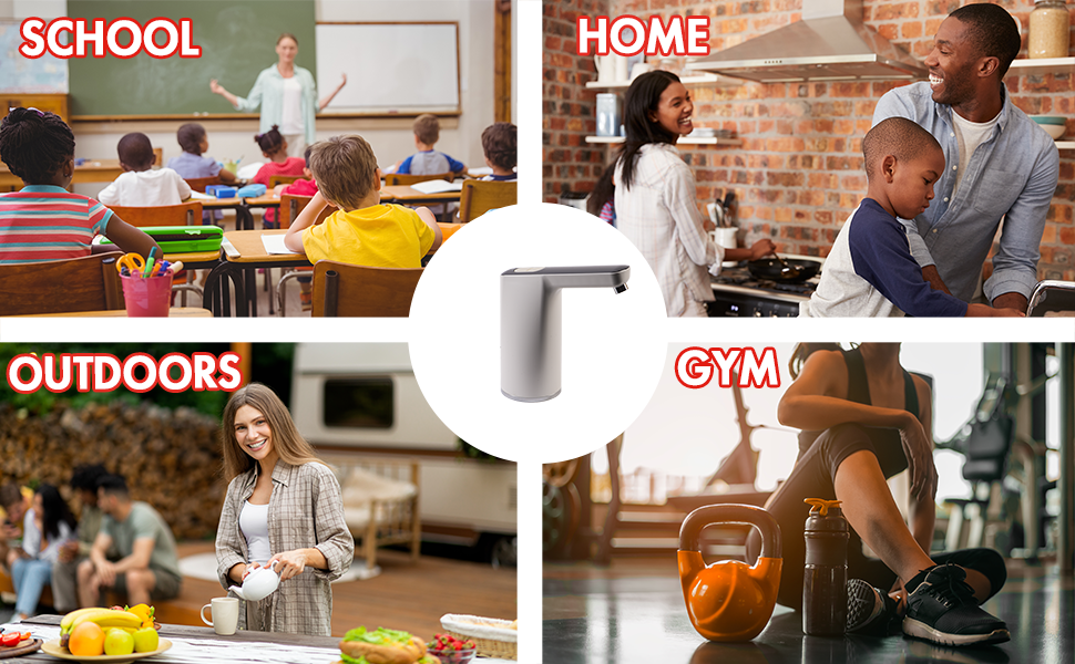 Water pump against the background of 4 social usage areas: school, home, outdoors and gym