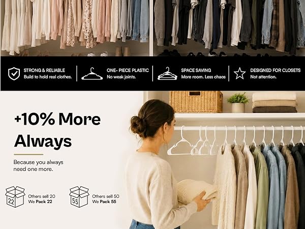 Plastic hangers 55 pack 10 percent more than 50 one-piece space saving designed for closets