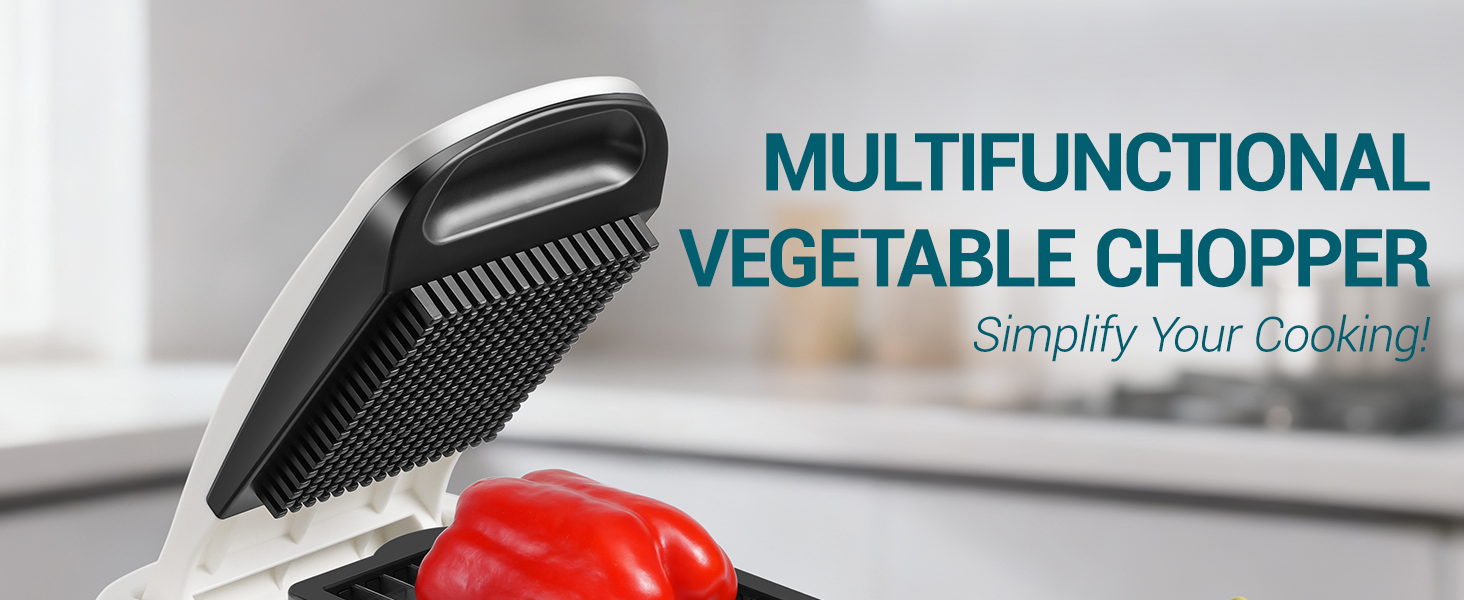 Text reads 'MULTIFUNCTIONAL VEGETABLE CHOPPER' and 'Simplify Your Cooking'. Close-up product photo showing stainless steel blades and red components of a kitchen chopping device.