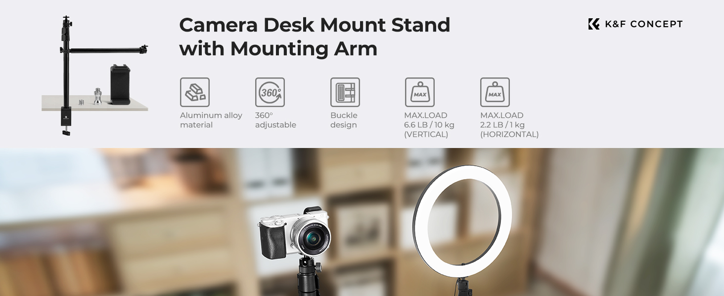 Text reads 'Camera Desk Mount Stand with Mounting Arm'. Product specification diagram showing mounting arm features with technical icons indicating adjustability and compatibility.