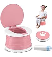 Pink and white children's potty training toilet with adjustable height, removable seat, and crown design. Includes image of child using product and roll of toilet paper.