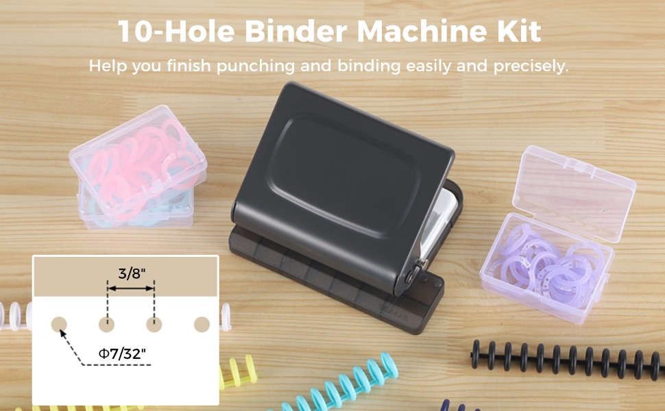 Comprehensive Set: Includes a 10-hole binder machine, 10 binding spines (5 colors)