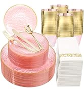 DaYammi 350PCS Clear Pink Plastic Dinnerware Set for 50 Guests, Hammered Disposable Plates for Pa...