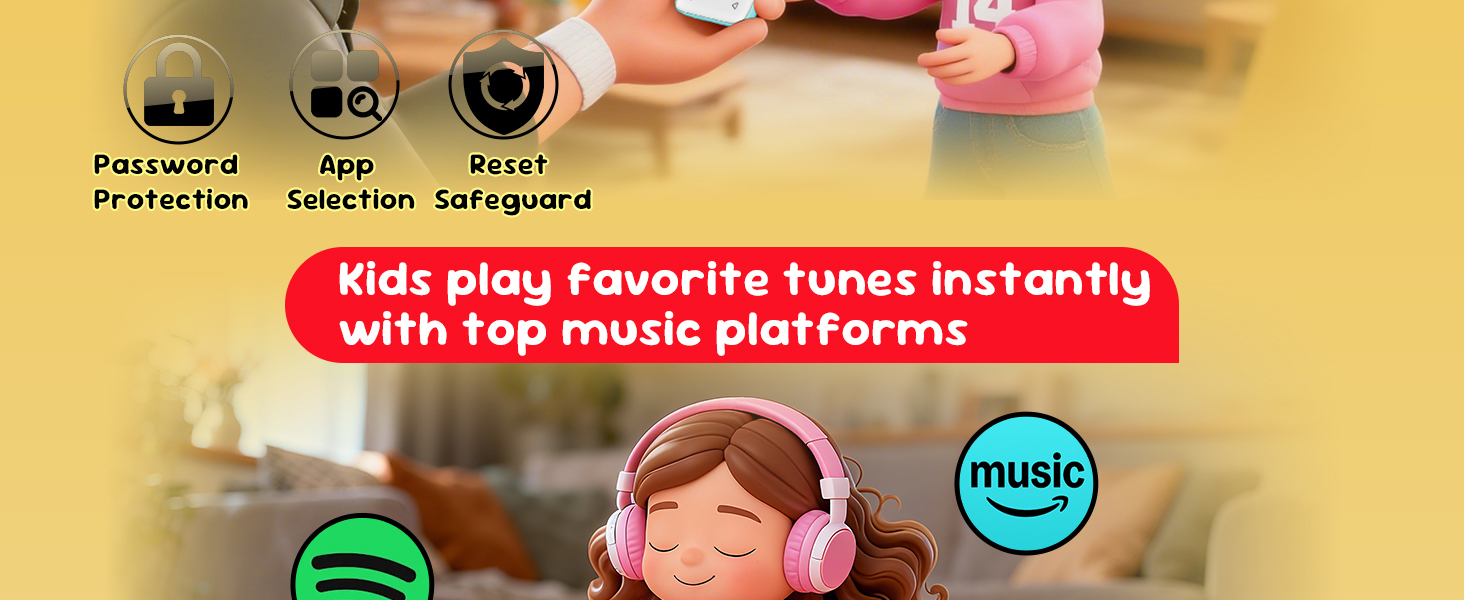 Password protection, app selection, and reset safeguard for kids to enjoy safe music instantly.