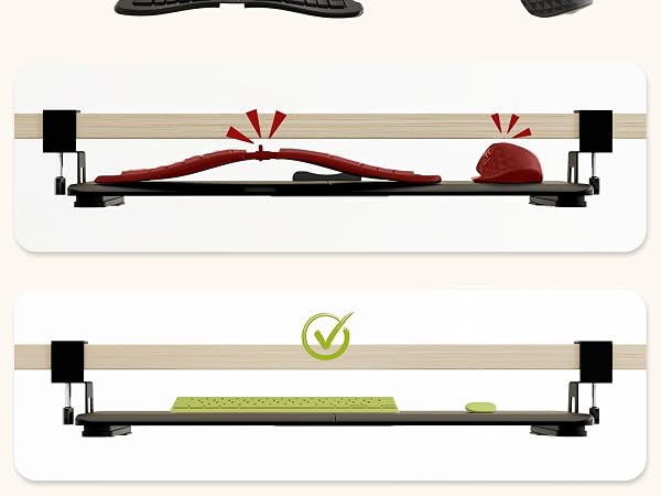Technical diagram showing incorrect (red X) and correct (green checkmark) keyboard tray mounting positions.