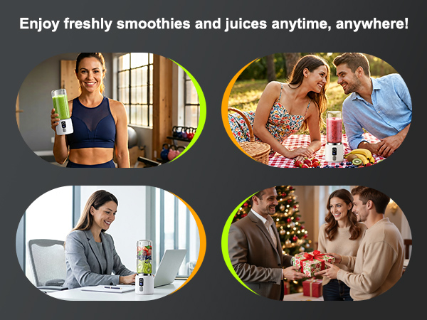 Text reads 'Enjoy freshly smoothies and juices anytime, anywhere!' Four circular photos showing people in different settings consuming beverages: home interior, outdoor picnic, office workspace, holiday gathering.