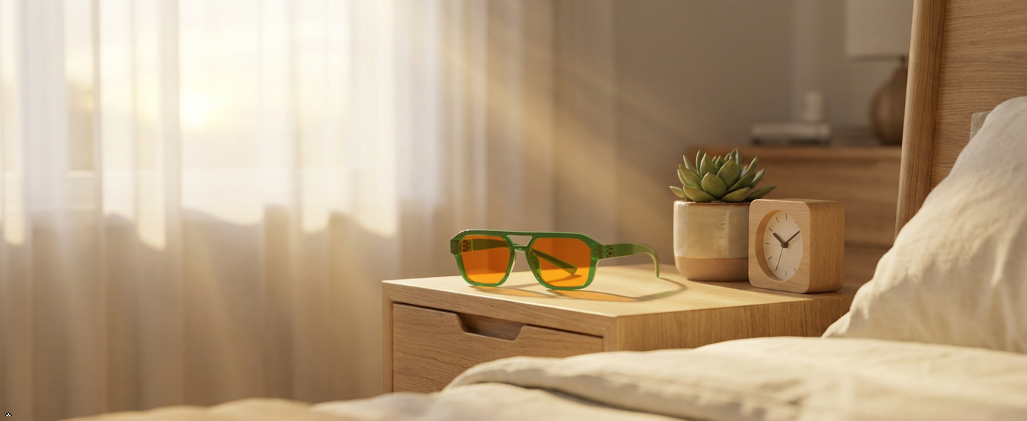 designed for sleeping with blue light blocking glasses resting on nightstand to warm sunrise light