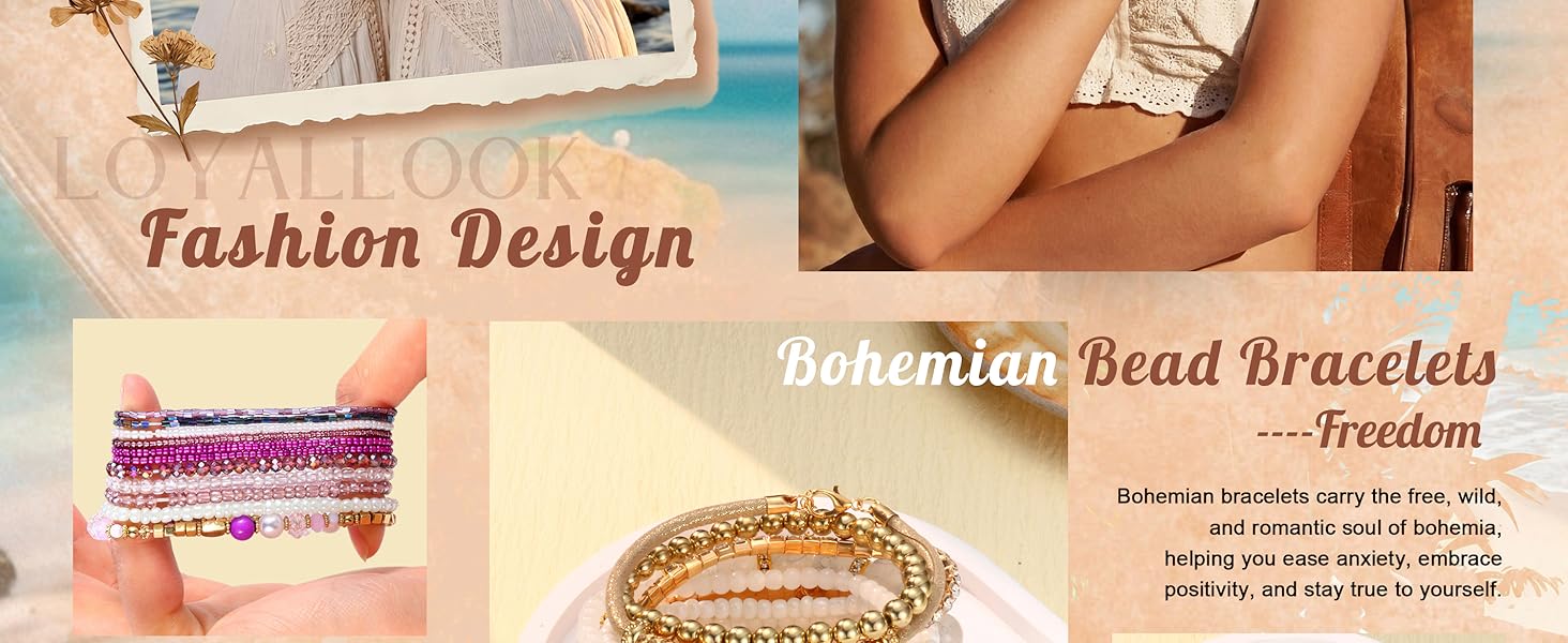 Bohemian Stackable Bead Bracelets for Women Stretch Bohemian Style Multilayered Boho Bracelet