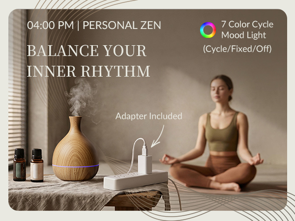 Zen vase aromatherapy diffuser with purple LED light and certified wall power adapter for yoga.