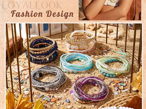 Bohemian Stackable Bead Bracelets for Women Stretch Bohemian Style Multilayered Boho Bracelet