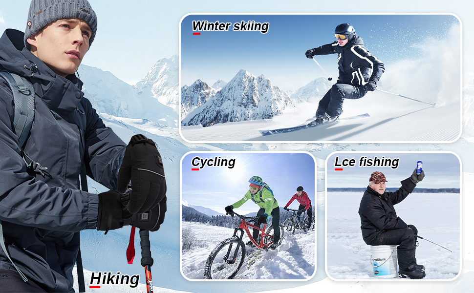 Collage of winter sports images: person in warm clothing, skier on snowy slope, cyclists on snowy path, and ice fisherman on frozen lake.