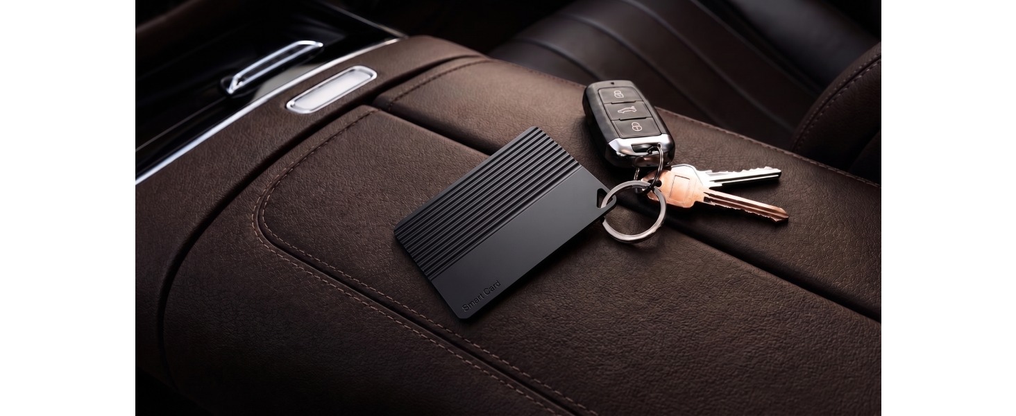 Smart tracker card with device and family location sharing for keys, wallets, and vehicles