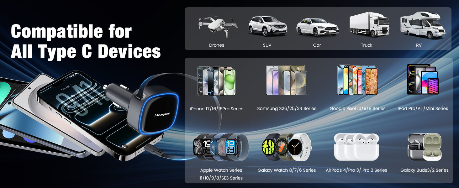 Retractable Car Charger with Dual Type C Cords, Car Accessories Car Chargers for iPhone 17 16 15