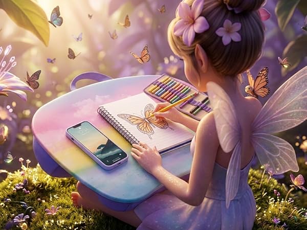 fairy using a mystyle lap desk to draw butterflies