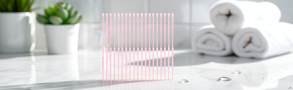 A clean bathroom counter with a travel toiletry bag, cotton swabs in a glass container, and neatly a