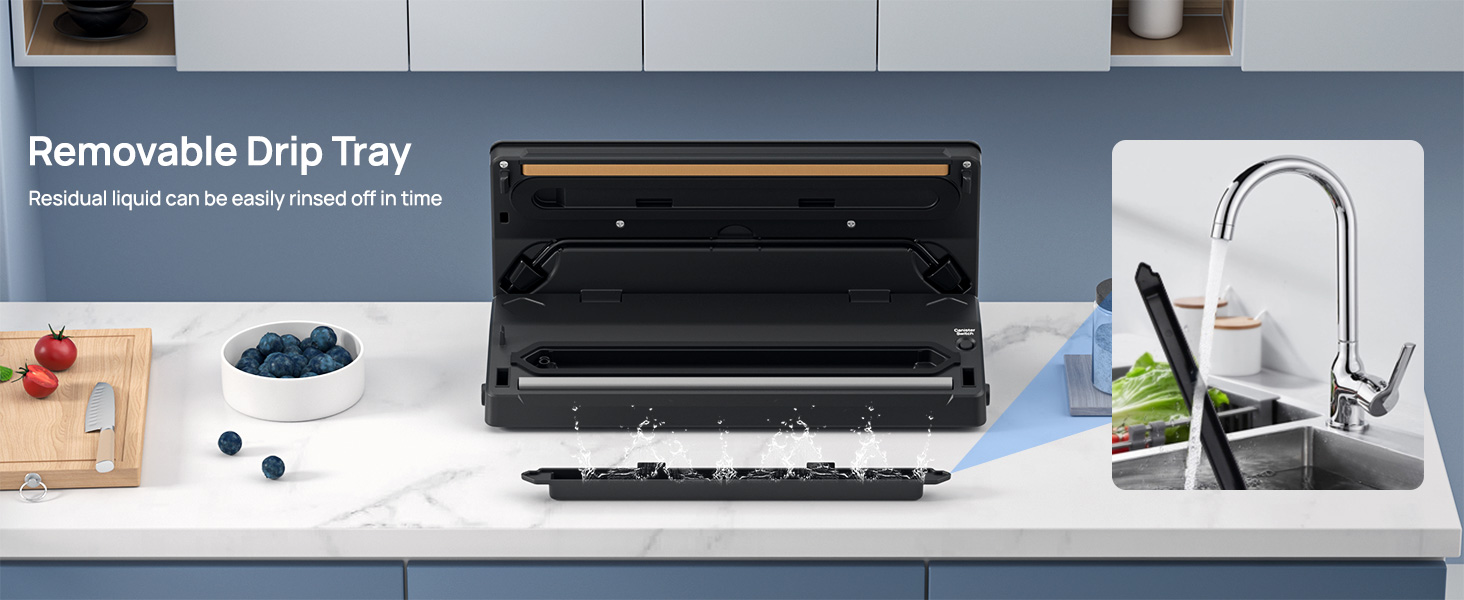 The vacuum sealer machine for food storage's removable drip tray is designed for easy cleaning